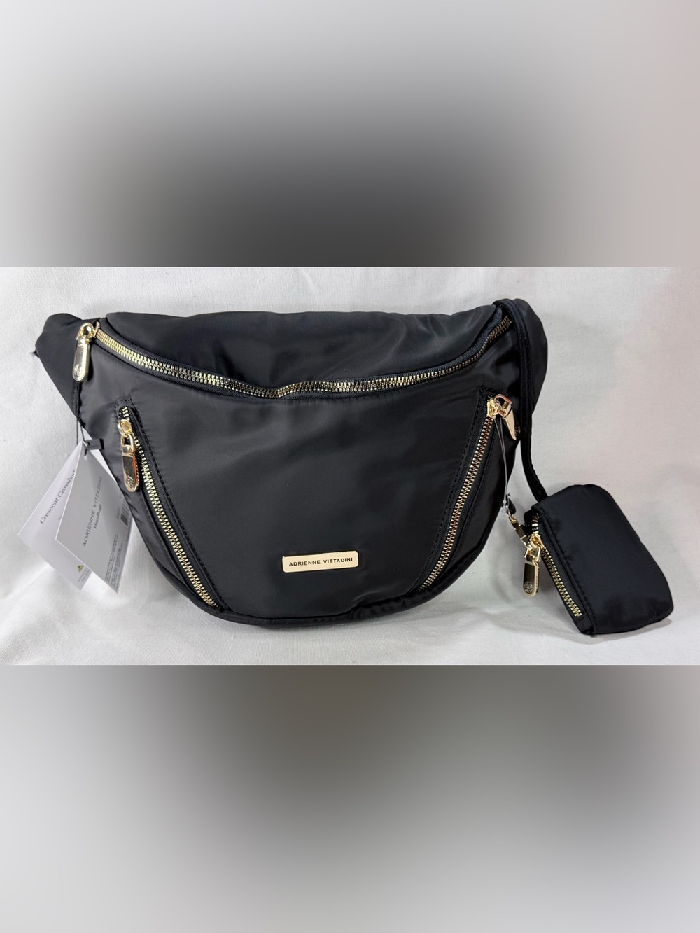 Adrienne Vittadini Black Nylon Belt Bag with Gold Hardware & Detachable Pouch